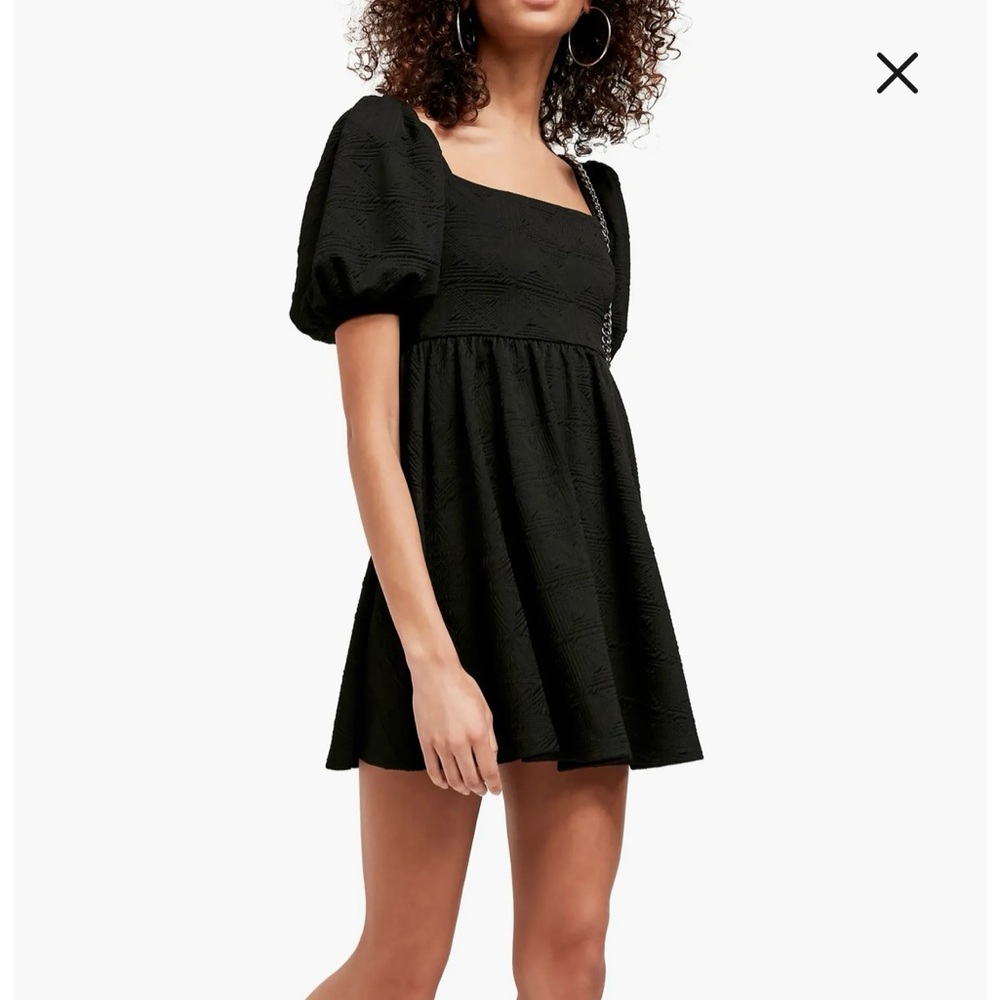 Free People Violet Mini Dress Black Textured Puff Sleeve Empire‎ Waist XS
